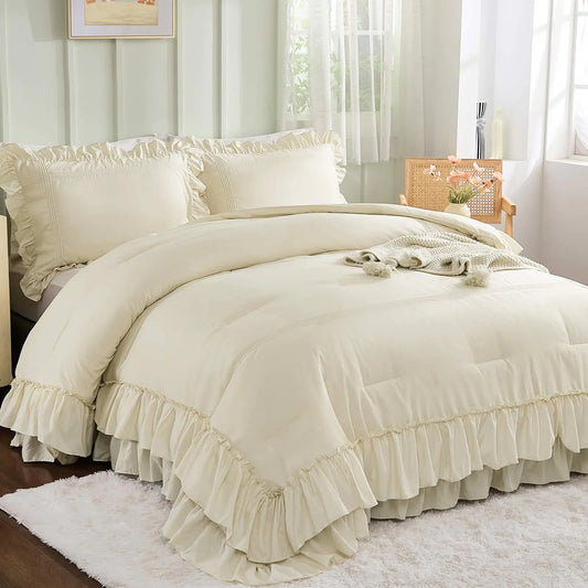 Dintszyayue Beige Ruffle Queen Comforter Set – Soft, All-Season Shabby Chic Bedding with 1 Comforter & 2 Pillowcases