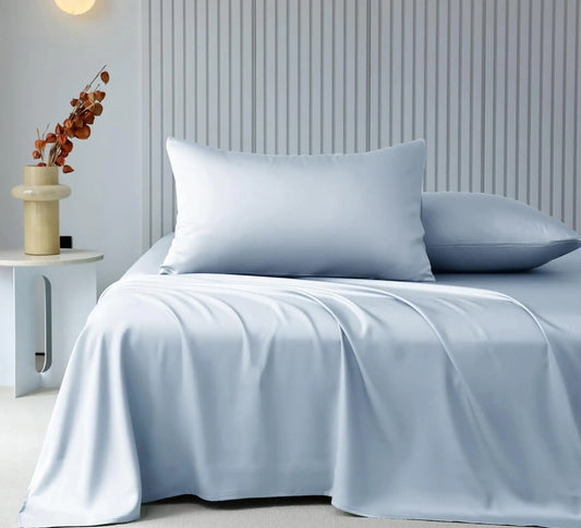 Luxury Ice Blue Lyocell Bedding Sheet & Pillowcase Sets - 4 Piece, Modern Silky Sheets King with 16" Deep Pockets