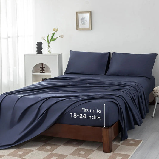 ChillNest Cooling Full‑Size Egyptian Cotton Sheets Set – Deep‑Pocket 18″–24″ | Breathable, Moisture‑Wicking Bedding for Hot Sleepers in Florida & Arizona | Navy Blue 4‑Piece